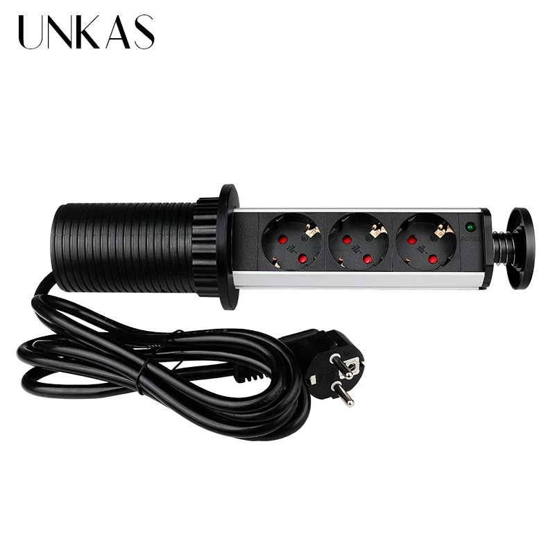 

UNKAS 16A PULL POP UP 3 Power EU Socket New Black Color Dual USB Port Kitchen Table Desktop Retractable Countertops French Plug