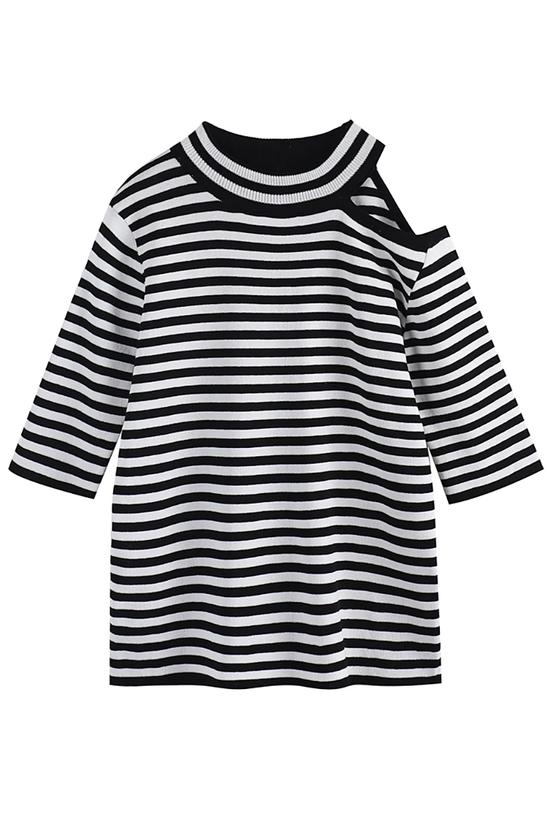 

2021 Summer Korean Slim Ice Silk T Shirt for Women Off Shoulder Striped Knitted Short Sleeve Top Lady Casual Loose T Shirt