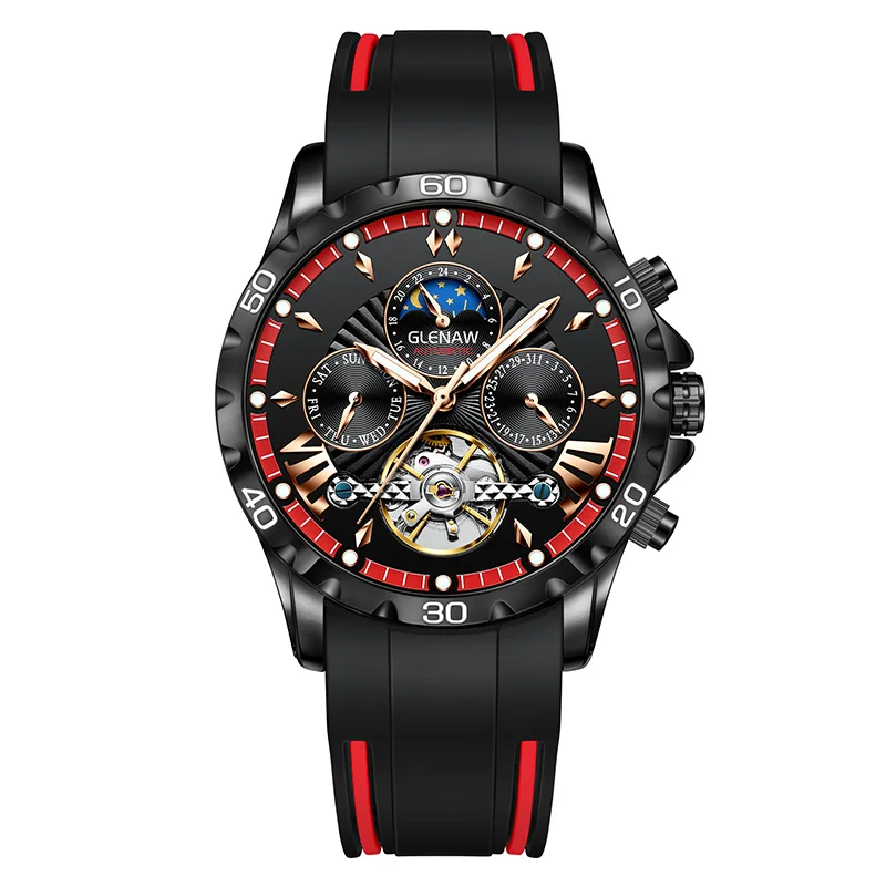 

Mechanical Watch Men's Luxury Brand Fashion Tourbillon Design Multi-Function Watch Waterproof Silicone Clock Montre Homme