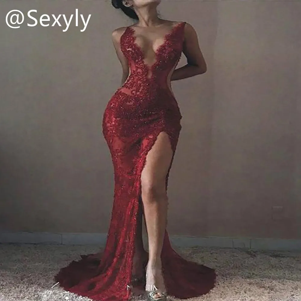 

Sexy Lace Mermaid Evening Dress With Slit Chic Backless Long Prom Dress 2021 See Through Women Party Robe De Soirée De Mariage