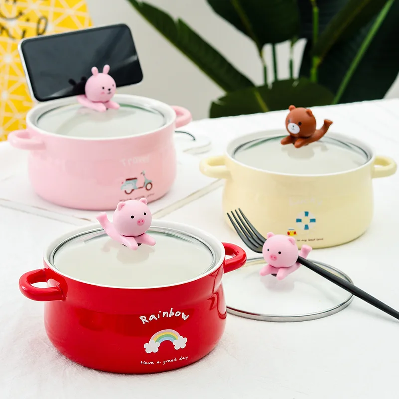 

1000 мл Милая мультяшная животная керамическая стеклянная крышка миска для лапши с крышкой миска для риса бинауральная теплоизоляция и антио...