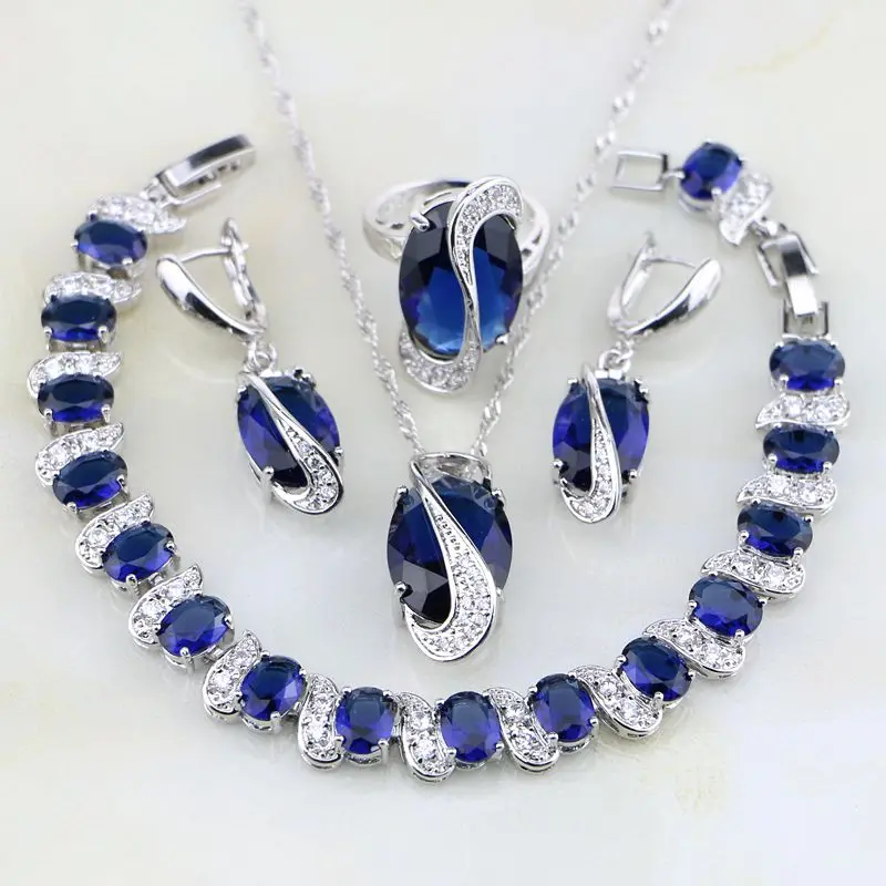 Комплект из колье серёг кольца и браслета серебра 925 пробы|blue zircon jewelry|silver jewelry925