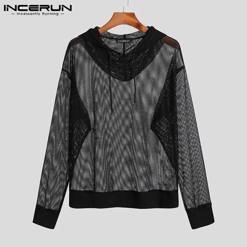 

INCERUN Tops 2021 Casual Streetwear New Men Camiseta Stylish Hoodie Long Sleeved Transparent Tees Hooded Net Yarn T-Shirt S-5XL