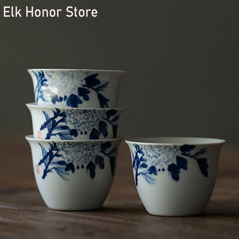 

2pc/Set 40ml Hand Painted Hydrangea Art Tea Cup Blue Ash Glaze Ceramic Small Single Master Cup Household Kung Fu Tea Ceremony