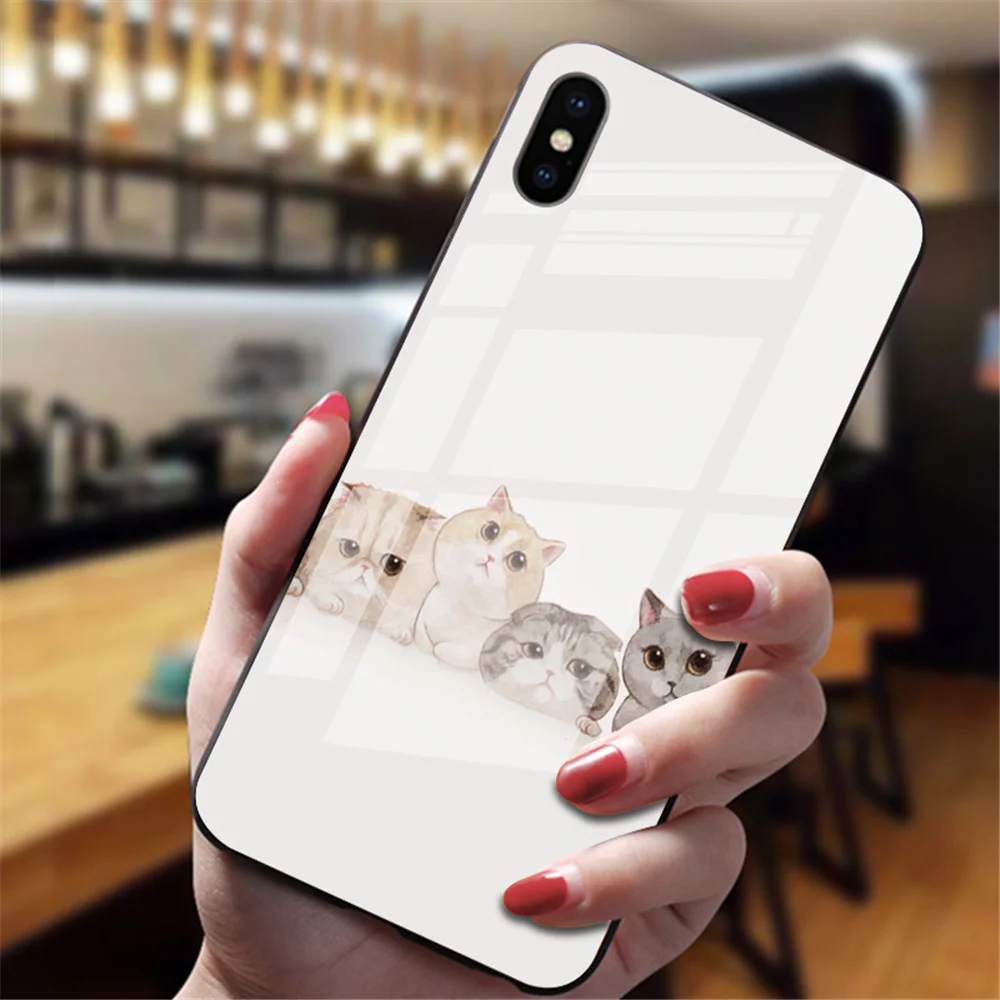Забавная Милая задняя крышка с изображением кота для iphone XS Max XR X 5 5S 6 6S 7 8 Plus 11 Pro Max, милые чехлы из закаленного стекла - Цвет: 8044