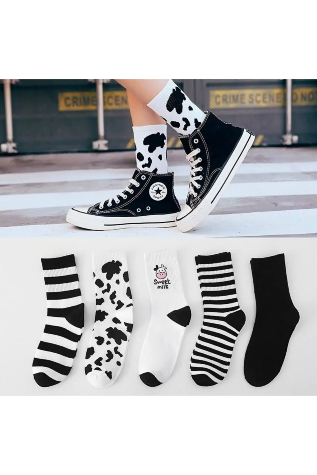 

Socks - Women's 5 Pairs Black White Cow Pattern Striped Tennis Socks Unisex Trendy & Cool Best Quality Price 2022 Spring Fashion