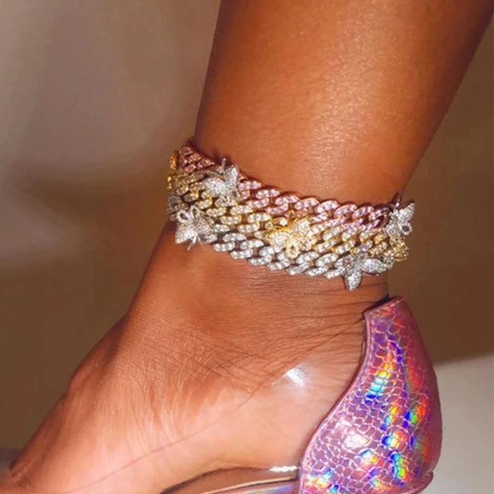 

Iced Out Pink Crystal Butterfly Anklets Cuban Link Chain Jewelry for Women Gold Silver Color Metal Cuban Anklet Hip Hop Jewelry