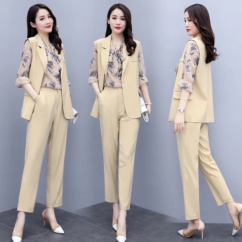 Women's 3 Pieces Blazer Vest Coat Spring & Autumn Formal Work Ladies Office Vintage Slim Suits Set Sleeveless Blazer Jacket Set