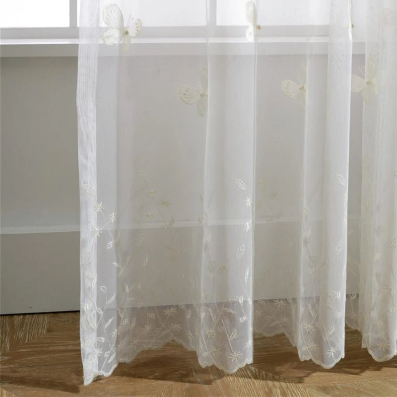 Белые занавески с бабочкой и жемчугом вышивкой на окна современные сетчатые для
