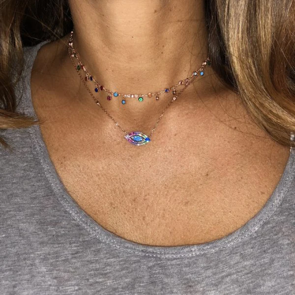 32 + 8 см цепочка с разноцветными камнями из кубического циркония серебрянное