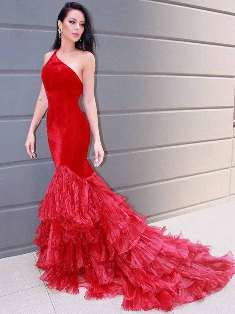 

Red Evening Dresses Asymmetrical One-Shoulder Mermaid / Trumpet Sweep/Brush Layered Party Dresses Flouncing Sleeveless