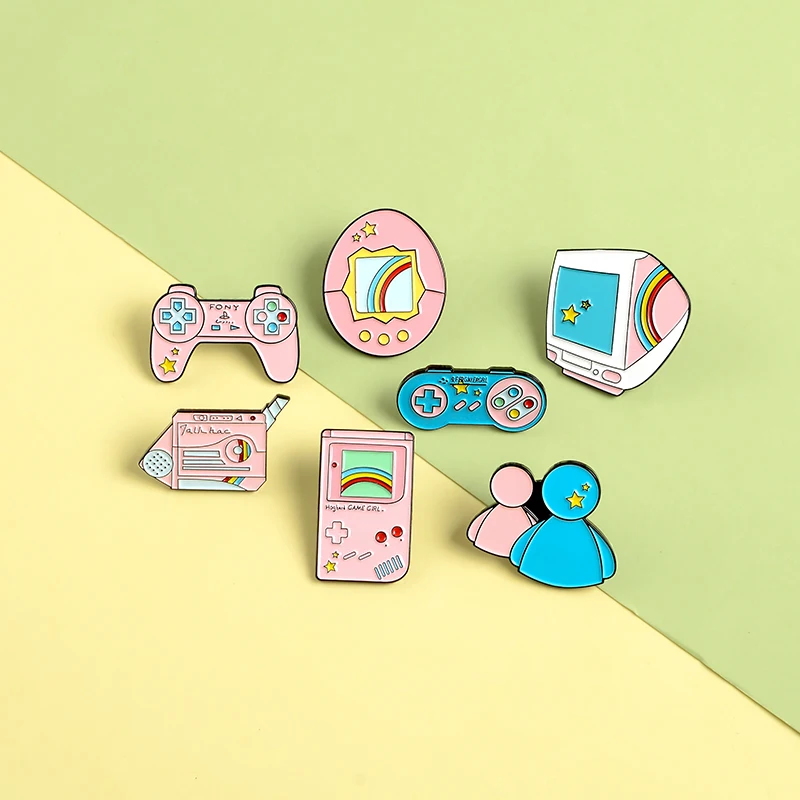 

Cartoon Pink Game Pins Classic Handle Game Machine Enamel Pins Brooches Badges Bag Clothes Lapel Pins Jewelry Gifts For Friends