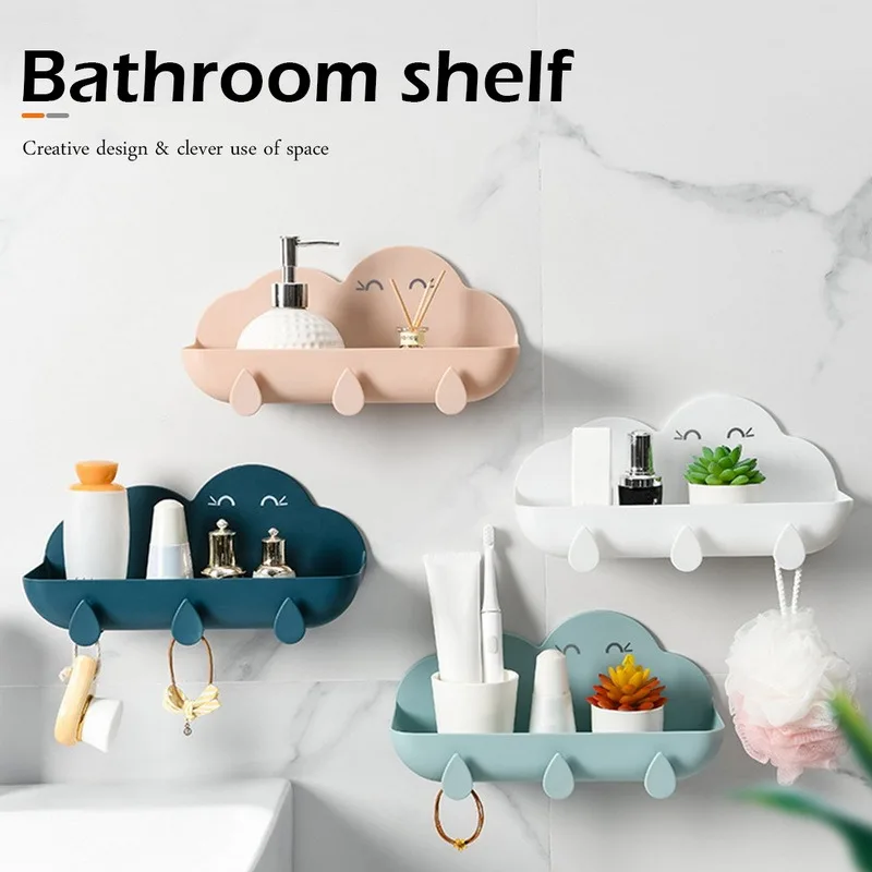 

Wall-mounted Bathroom Shelf Plastic Storage Box Soap Holder Shower Organizer Makeup Container Free Punch Bathroom Accessories