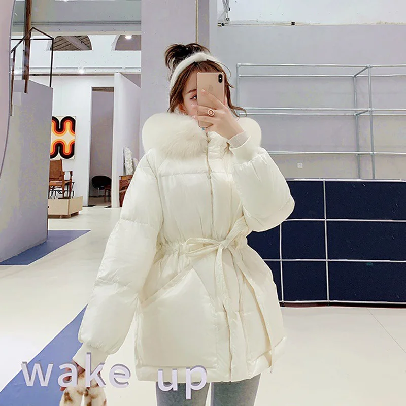 

Женский пуховик с воротником из лисьего меха, зимняя однотонная теплая верхняя одежда в Корейском стиле с длинным рукавом и капюшоном, плот...