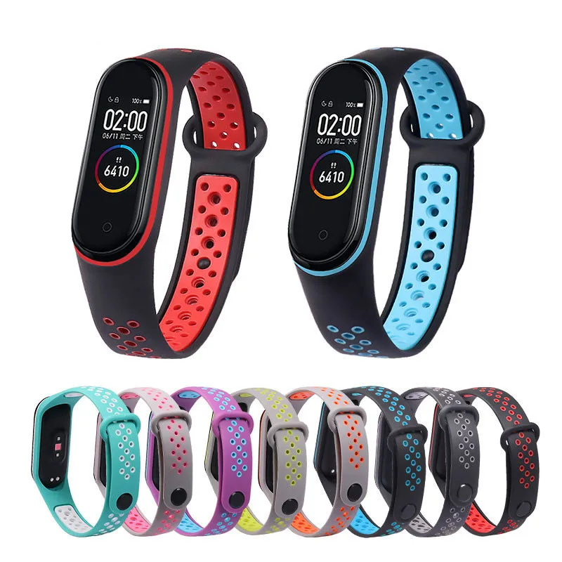 

Силиконовый ремешок для Xiaomi Mi Band 3, 4, 5, двухцветный пористый дышащий ремешок с защитой от пота, сменные ремешки на запястье
