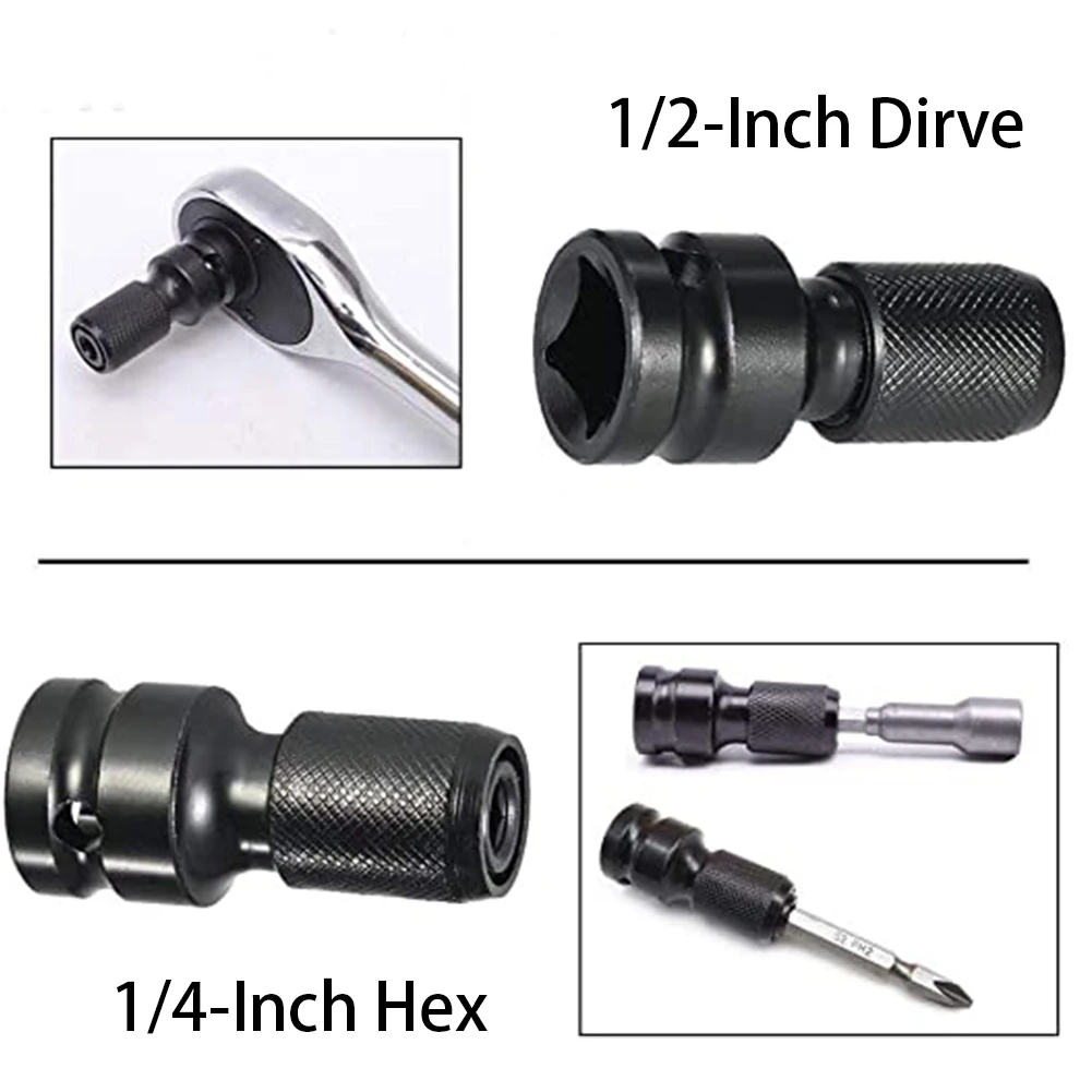 

Hex Shank Socket Adapter Quick Release Chuck Converter Black 1/2 Square Drive to 1/4 for Ratchet Wrench Screwdriver Bit Holders