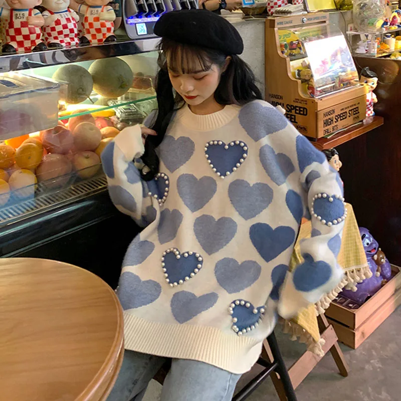 

Japanese heavy love nail bead languid is lazy wind restoring ancient ways sweater knitting coat on female loose outside