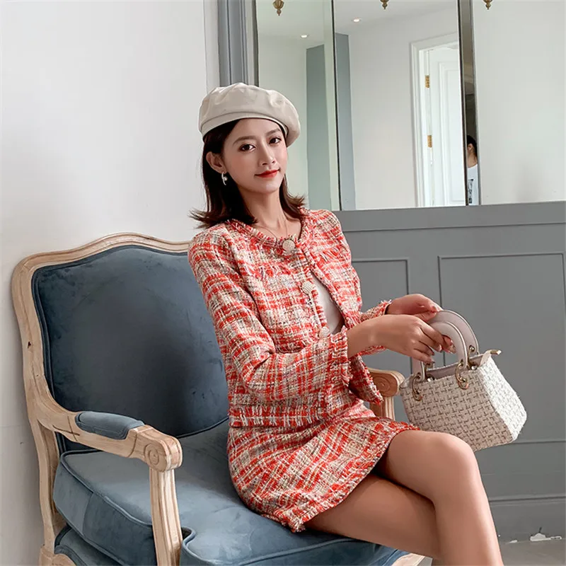

CBAFU Plaid Tassel Tweed Two Piece Set Women Single Breasted Jackets Coat + High Waist Mini Pencil Skirts Set Office Lady F749