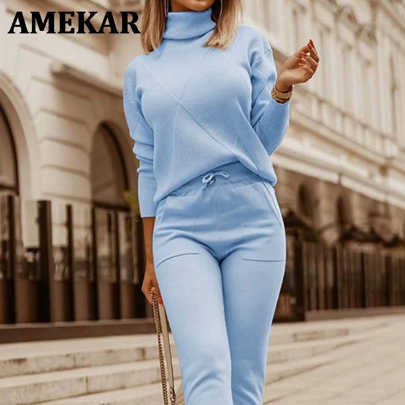 Зимние женские комплекты из двух предметов вязаный джемпер брюки костюм
