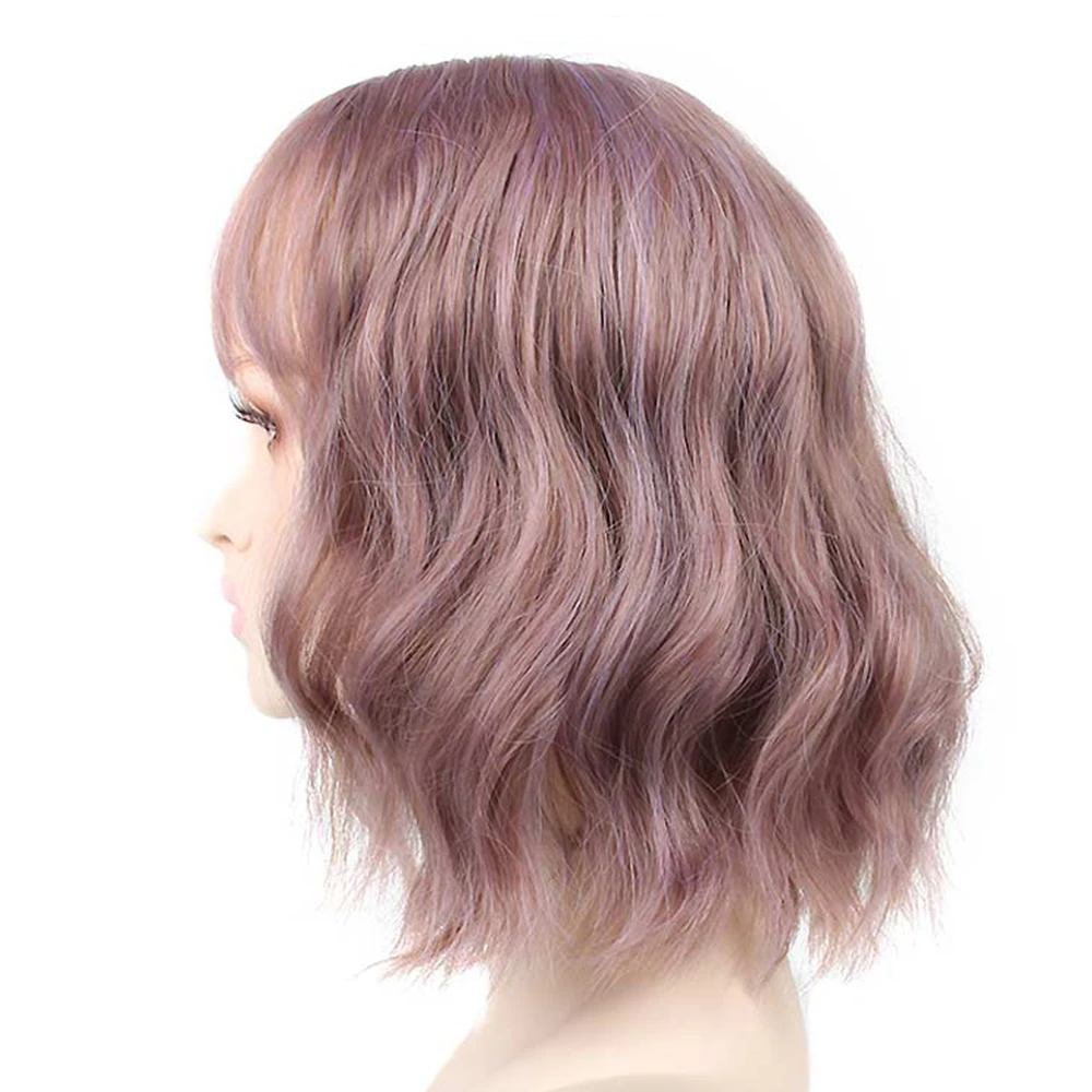 Pageup Short Natural Wave Synthetic Wig For Black Women Purple Wigs with Bangs Heat Resistant Fiber Hair Wigs