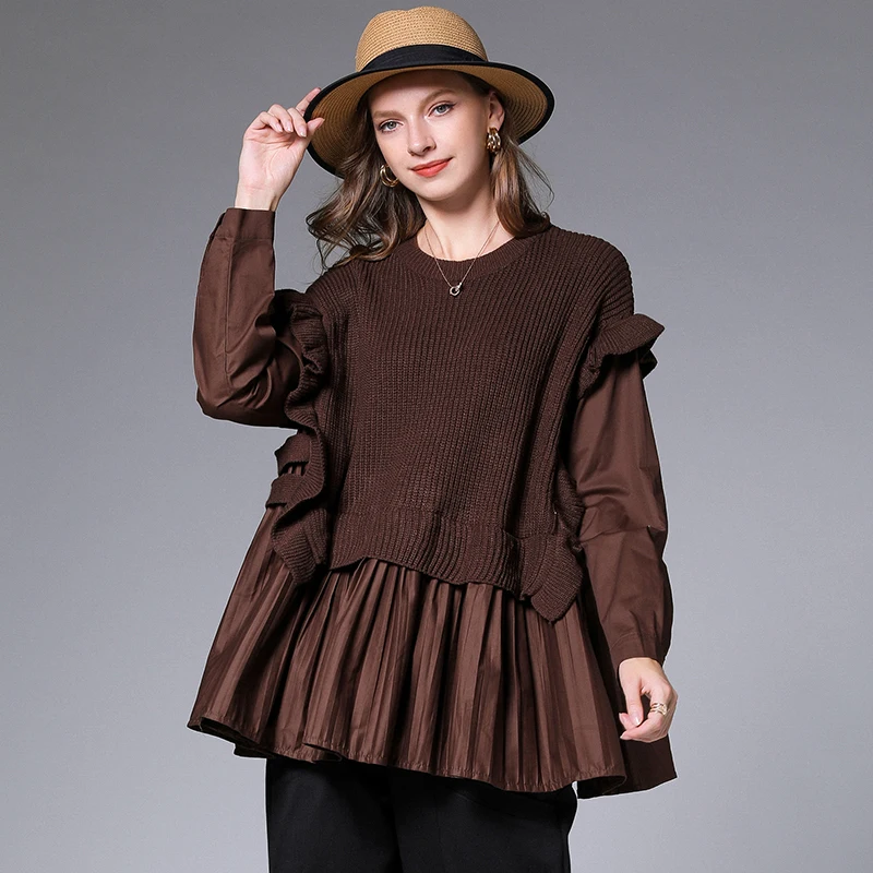 

Winter female loose pullover fake two Sweater Raglan sleeves shirt patchwork knitted sweater ruffled hem casual cute flare tops