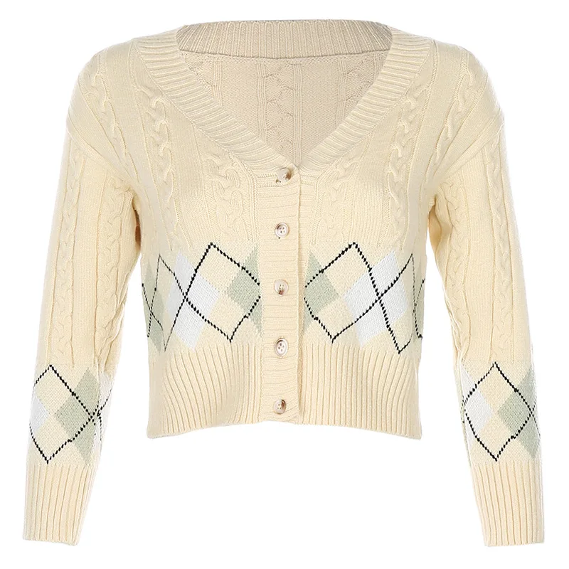 

Old Fashion Y2K Argyle Cropped Cardigan Women Autumn Preppy Style Knitted Sweater V Neck Cute Jumper Ladies Streetwear Knitwear