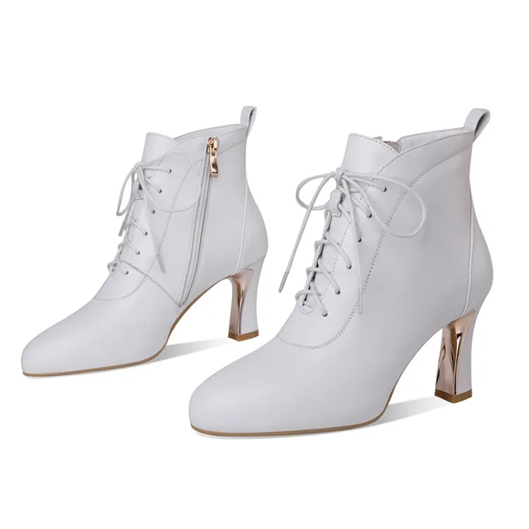 

MLJUESE 2021 women Ankle boots Cow leather Winter short plush Pointed Toe Zip Platform High heels female boots size 40