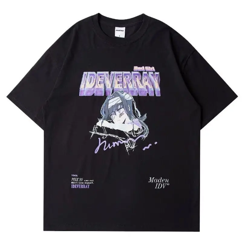 

Cotton Harajuku Men's T Shirt Japanese Street Cartoon Printed Short Sleeve T-shirt Hip Hop Oversized Couple Crew Neck Tee Women