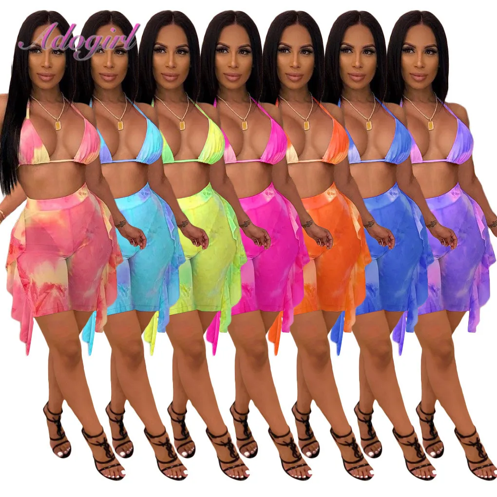 

Сексуальный женский сетчатый комплект из двух предметов с принтом тай-дай, бюстгальтер на бретелях, топы, шорты с оборками, летний пляжный к...