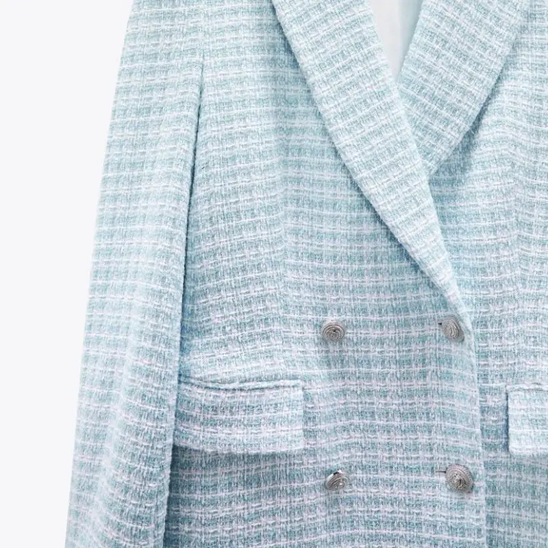 

EleeMee Vintage Blazer For Women 2021 Autumn Pocket Double Breasted Plaid Tailored Collar Blue Long Ol Chic Coat Size Xs-L