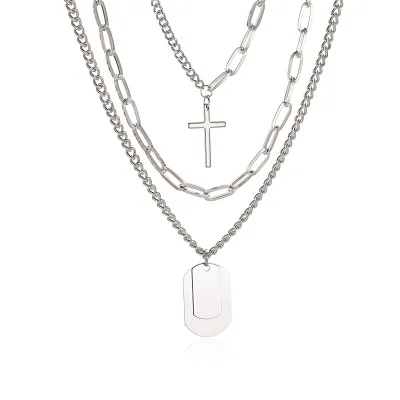 

2020 Gift Personality Hip Hop Multilayer Necklace Metal Cross Pendant Silver Color Chain Necklace for Women Men Unisex Jewelry