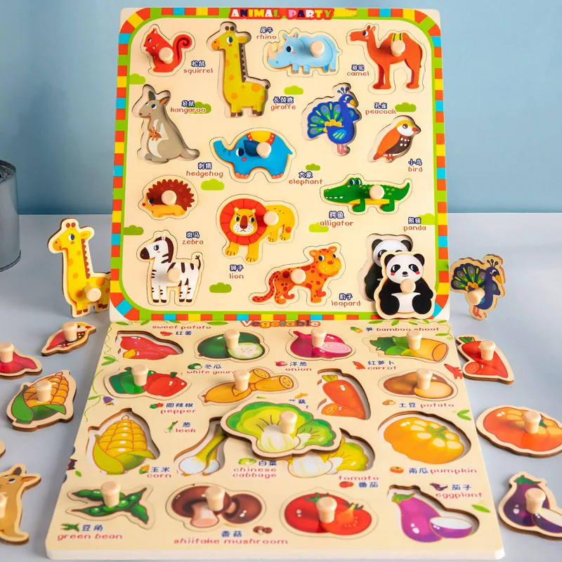 

Montessori Wooden Animals Puzzles Hand Grab Boards Toys Tangram Jigsaw Baby Educational Toys Vehicle Fruits 3D Numble Puzzles
