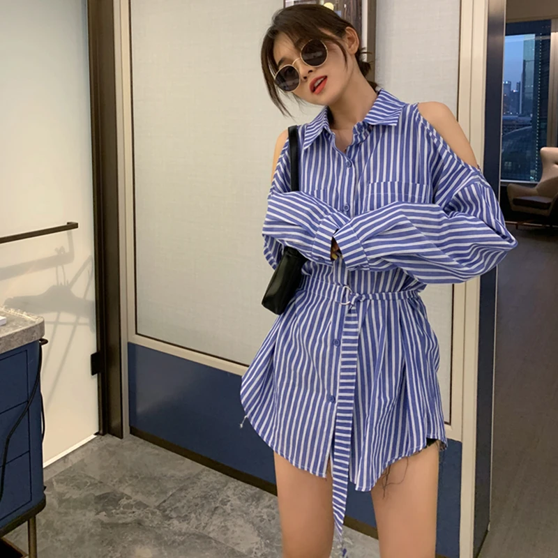 

Be careful with the new strapless design. Lapel and waist. Single-breasted long shirt.