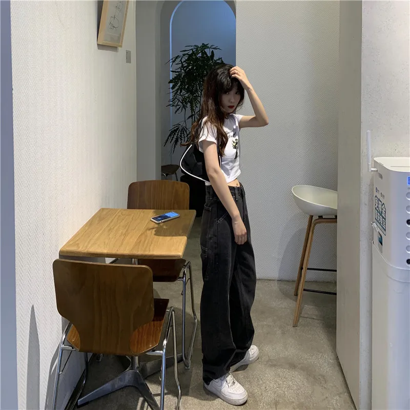 

2020 New Fashion Women's Jeans Carbon black Vintage Lazy Cool Girlish Feeling Bright Line Design Sense High Waist Straight Trous
