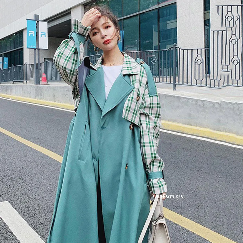 

Windbreaker female Contrast color Plaid stitching Korean temperament 2021 New Spring Autumn Loose Casual Long Trench Women coat