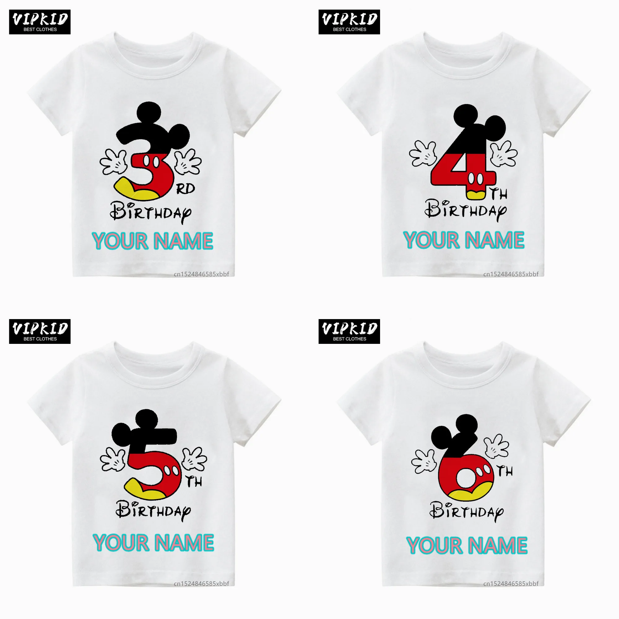 

Happy Birthday Number 1-6th Cute Mouse Numbers Short Sleeve T-shirt Childrens Gilr Boy Print Your Name Tops Tee,Drop Ship