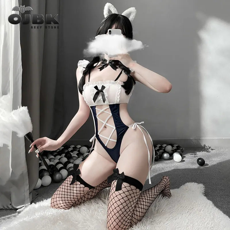 Женский костюм горничной без рукавов слитный кота с вырезами и лямкой на шее для