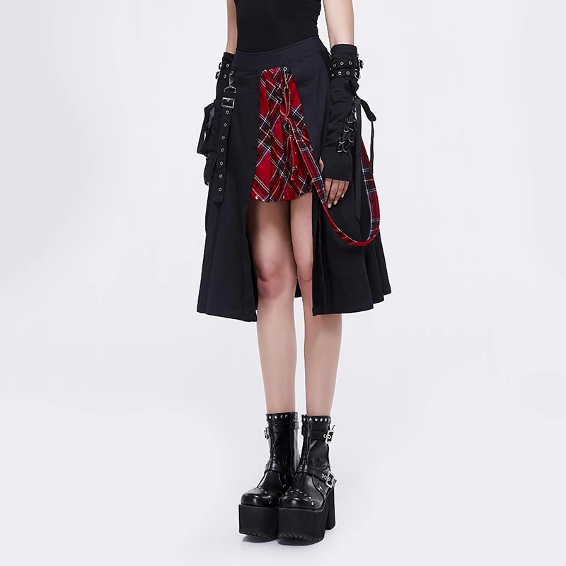Devil Fashion Hot Punk Black and Red Plaid Skirt for Women Rock Casual Mini Skirt Irregular