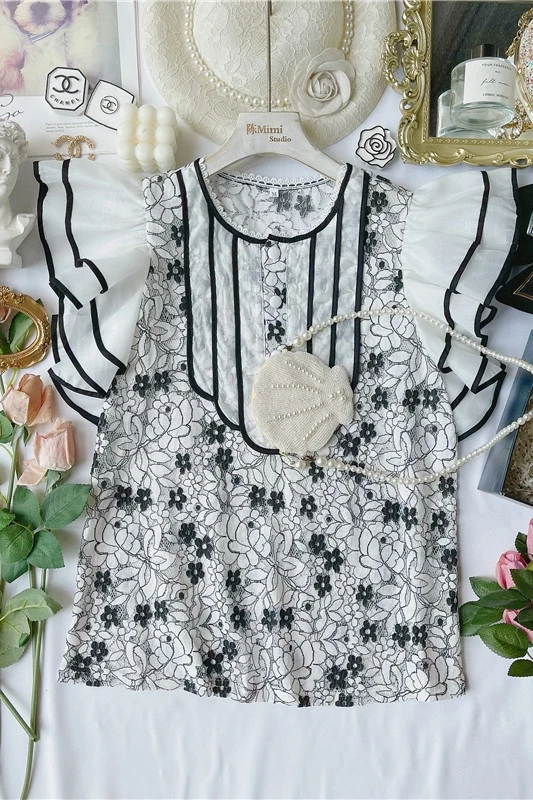 

French Romantic Fairy Shirt for Women 2021 Fashion Lace Flower Embroidery Stitching Ruffled Blouse Slim Temperament Tops