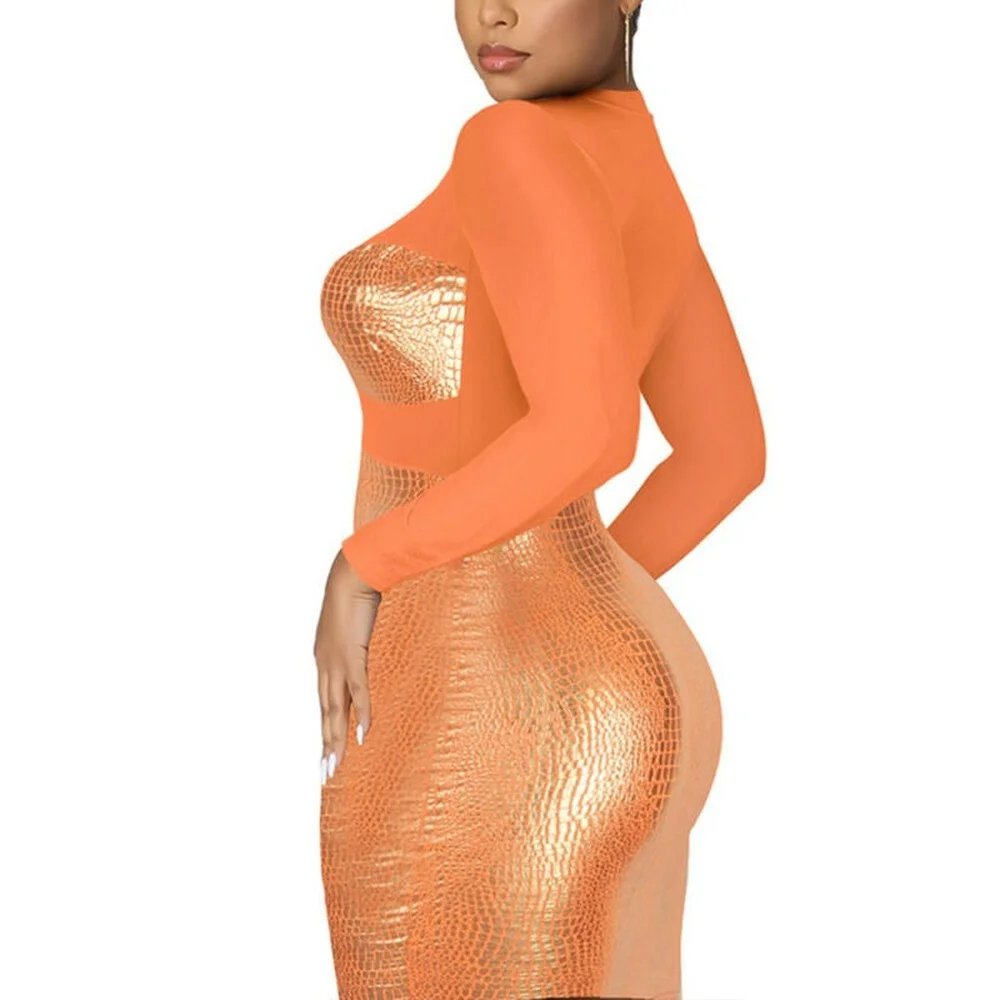 

Women Long Sleeve Crew Neck Mini Dress Mesh Ice Silk Stitching See-through Dress