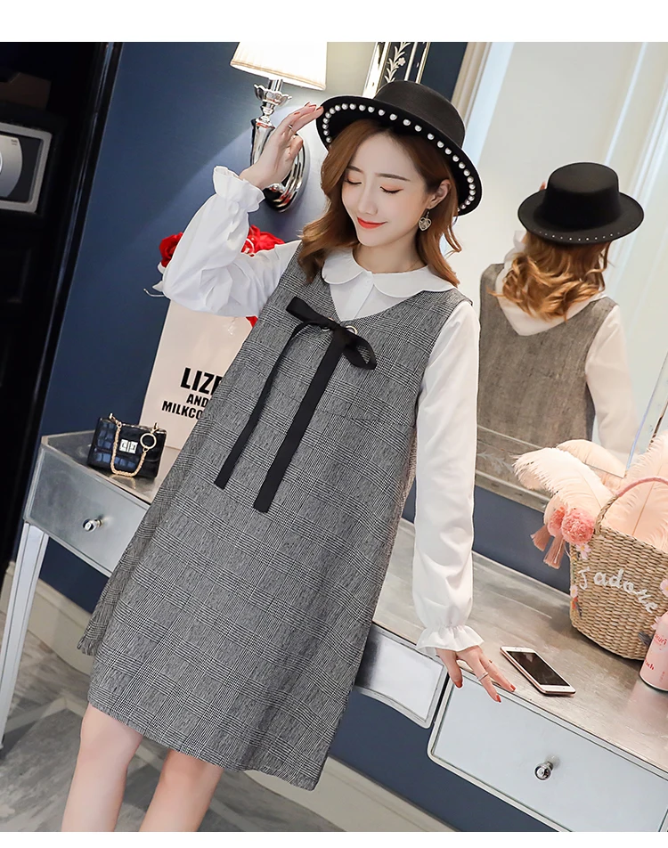 6596# 2PCS/Set Autumn Korean Fashion Maternity Dress Sweet Lovely Straight Loose Clothes for Pregnant Women Fall Pregnancy