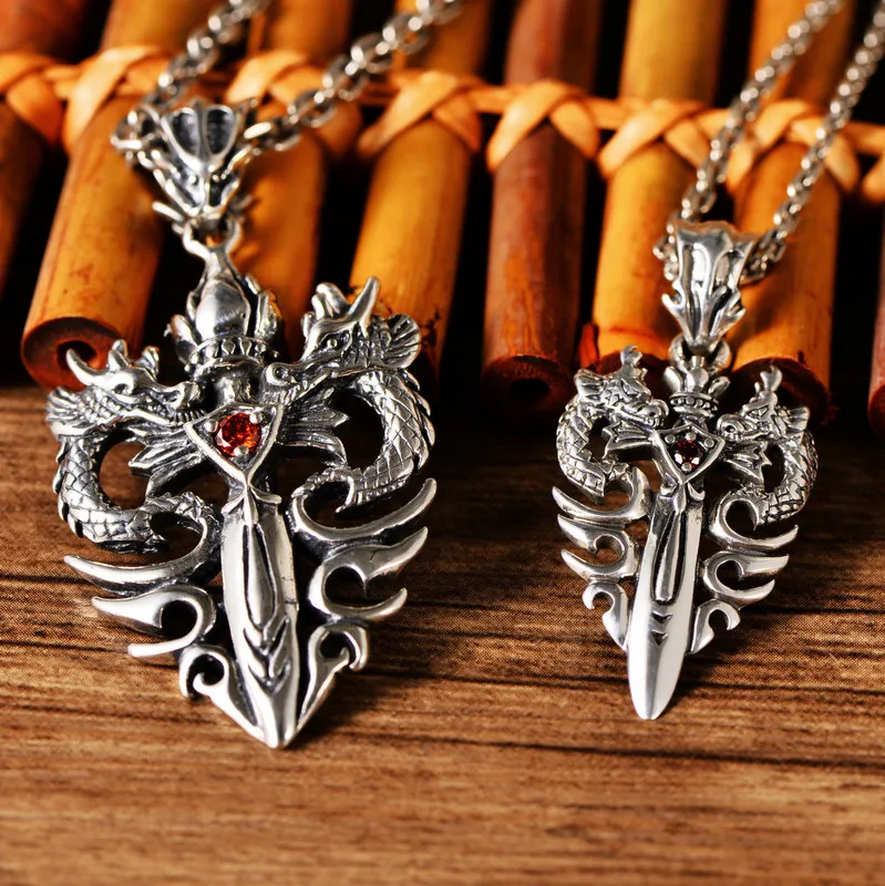 Punk 925 Sterling Silver Double Dragon Pendant with Sword for Men Boys Free Shipping | Pendants