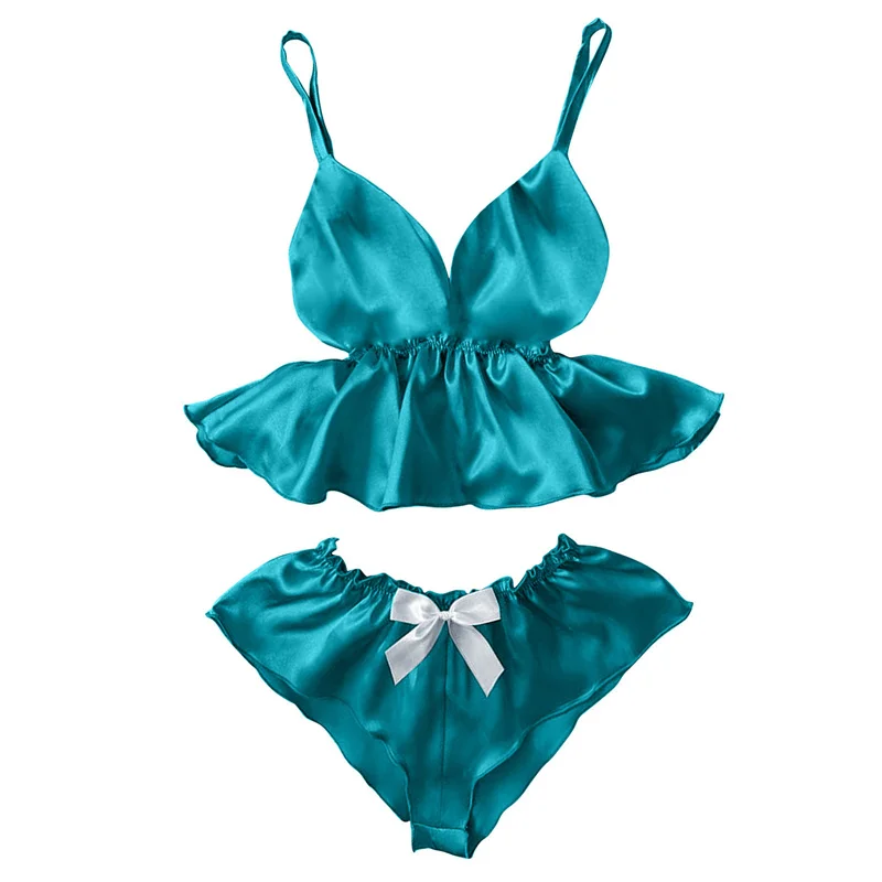 

Sexy Women Stain Sleepwear Set Ladies V-Neck Eyelash Lace Camisole Bowknot Shorts Pajamas Sets Nightwear lingerie femme