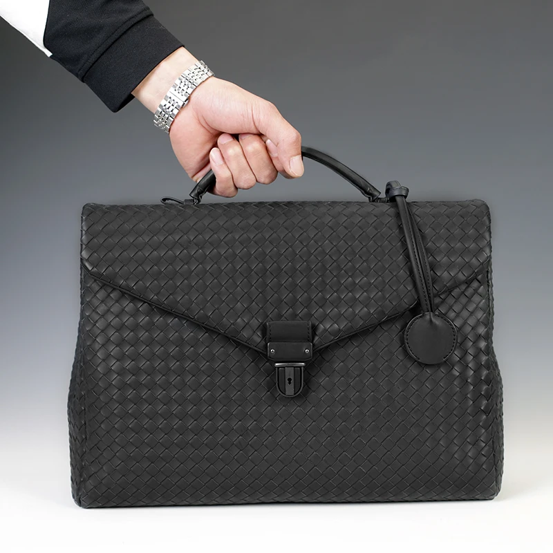 Luxury Brand Classic Business Men's Handbag Genuine Leather% Hand-Woven Large Capacity Flip Briefcase Fashion Simple 2022 New