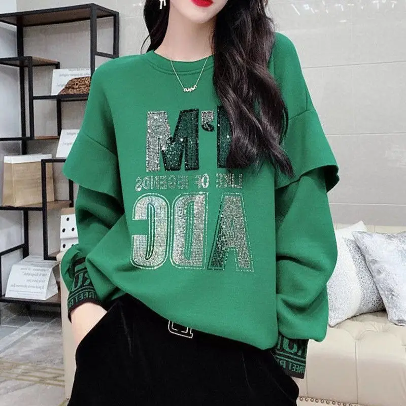 

2021 spring ruffled long sleeve vests women's fashion personality loose large diamond-encrusted round neck pullover Joker jacket