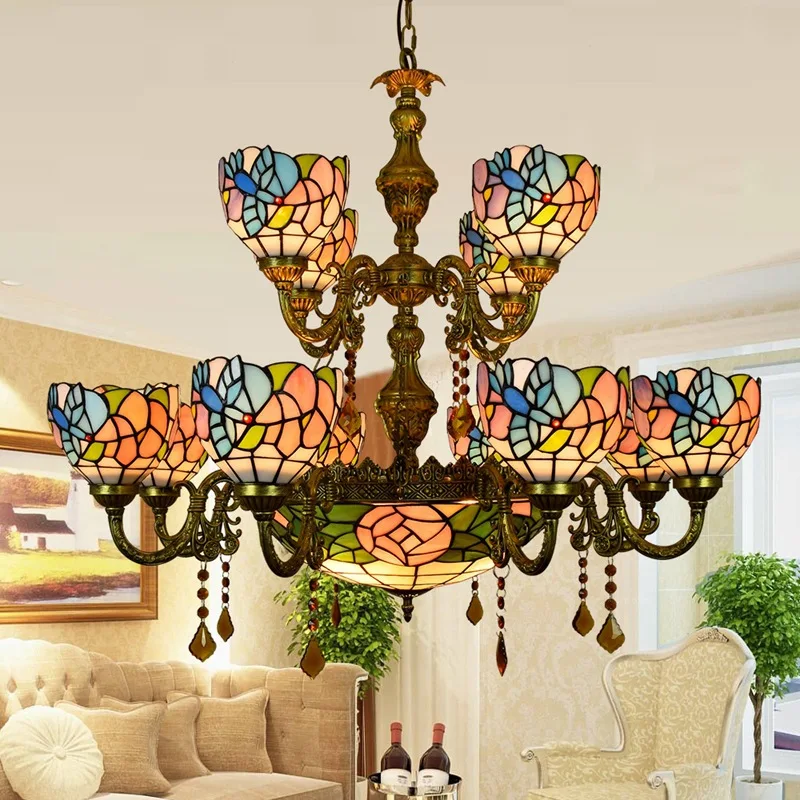 

American Pastoral Hotel Restaurant Multi-Head Crystal Art Bird Chandelier Tiffany Glass Villa Chandelier