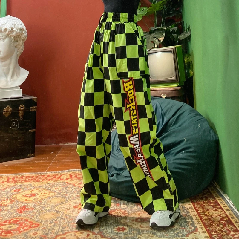 Street hip-hop Harajuku Retro checkerboard handsome loose BF large-size wide-legged overalls spring women men pant trousers | Женская
