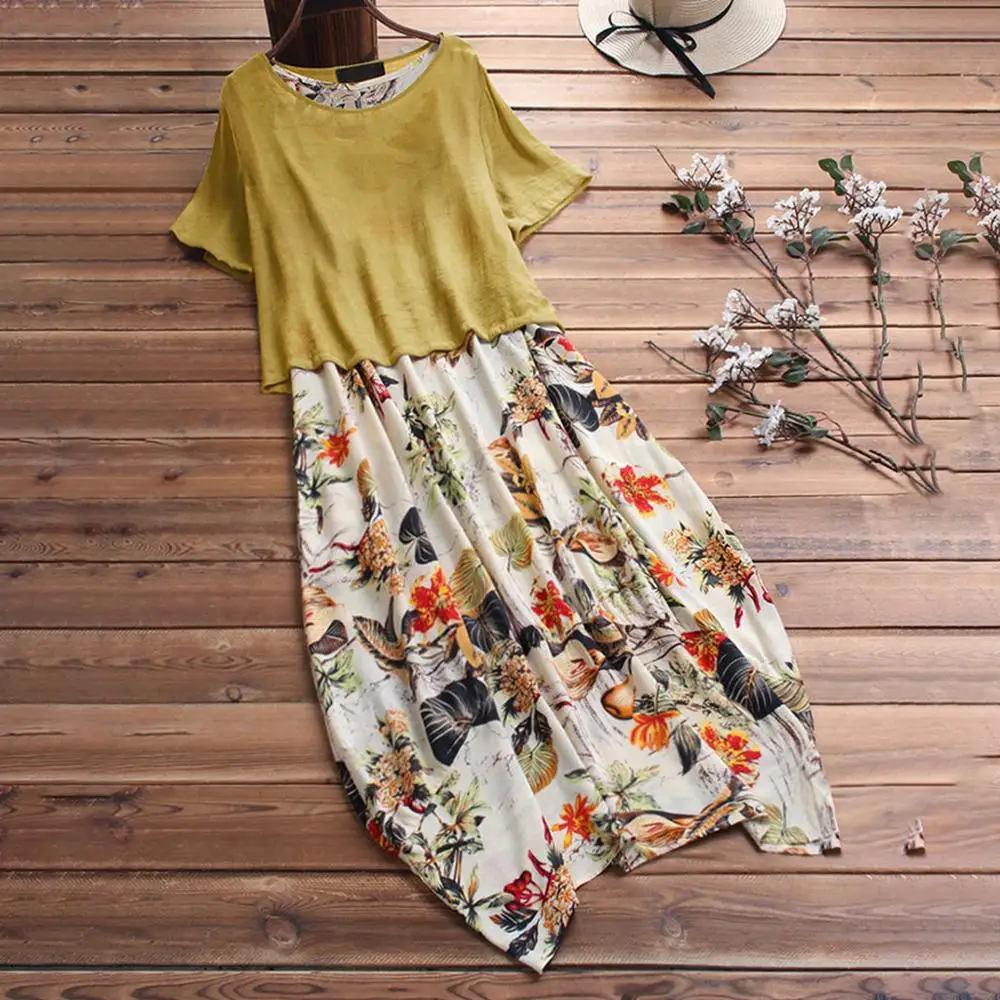 Женское платье макси с винтажным принтом летнее лоскутного покроя круглым