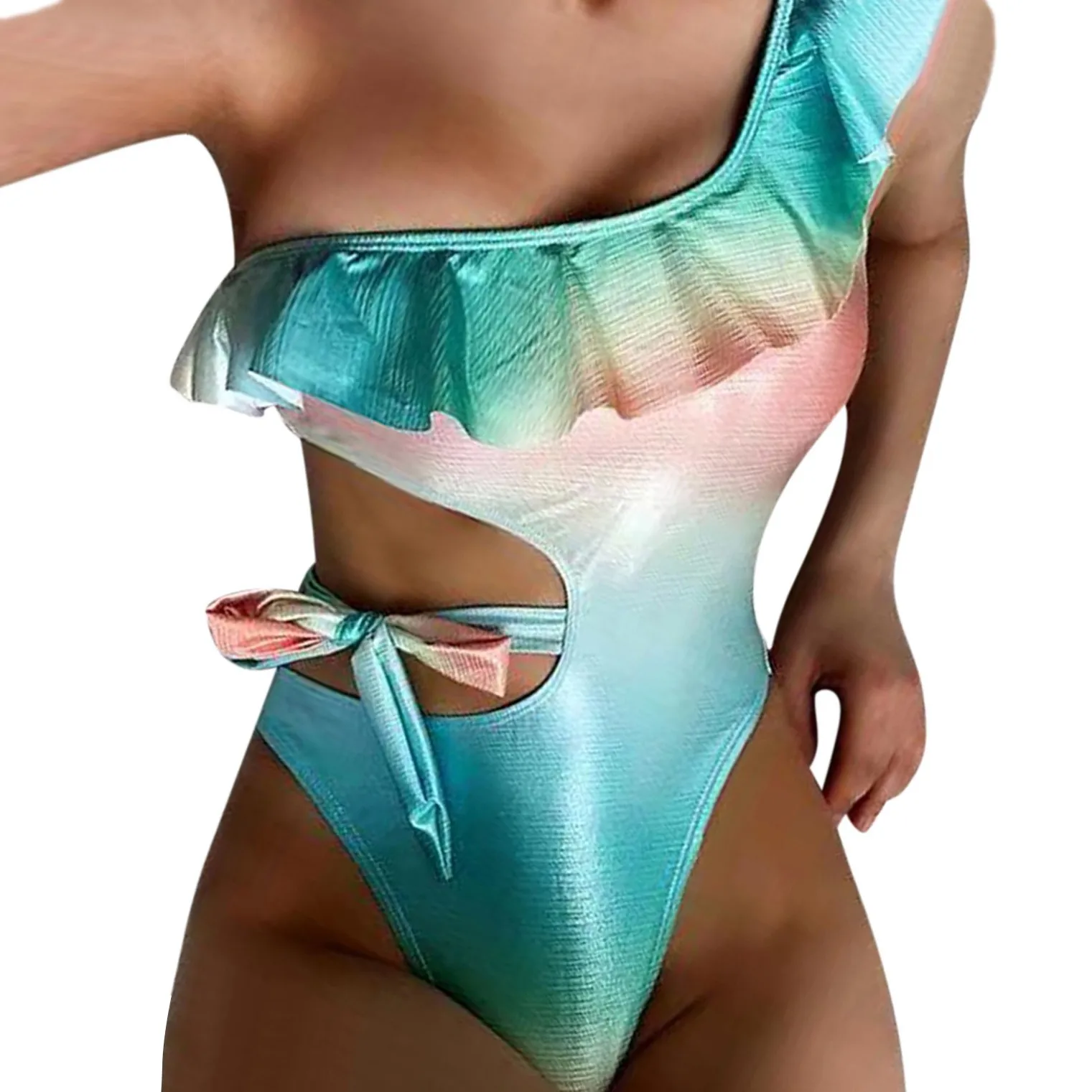 

Женский слитный купальник с гофрированным воротником и градиентным принтом, купальные костюмы Монокини, женские летние пляжные модные бик...