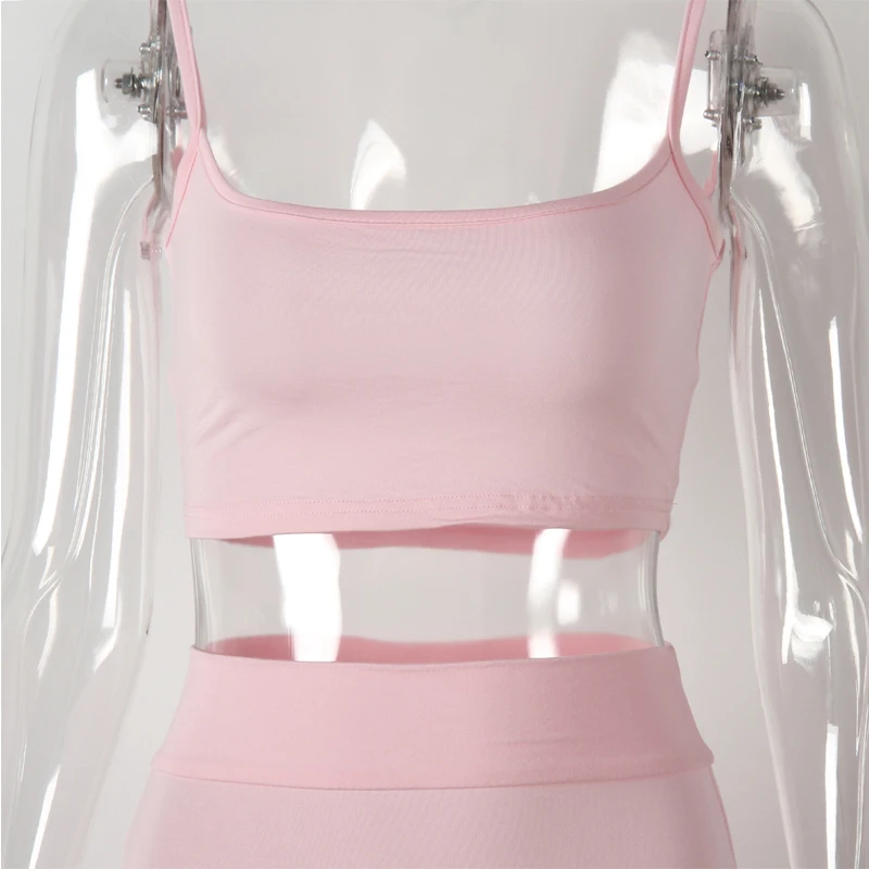 

2 Piece Outfits Halter Top Mini Skirt Set Sweet Lady Pink Clubwear Summer Backless Women Sets 2021 Party Sexy Club Sets M0320